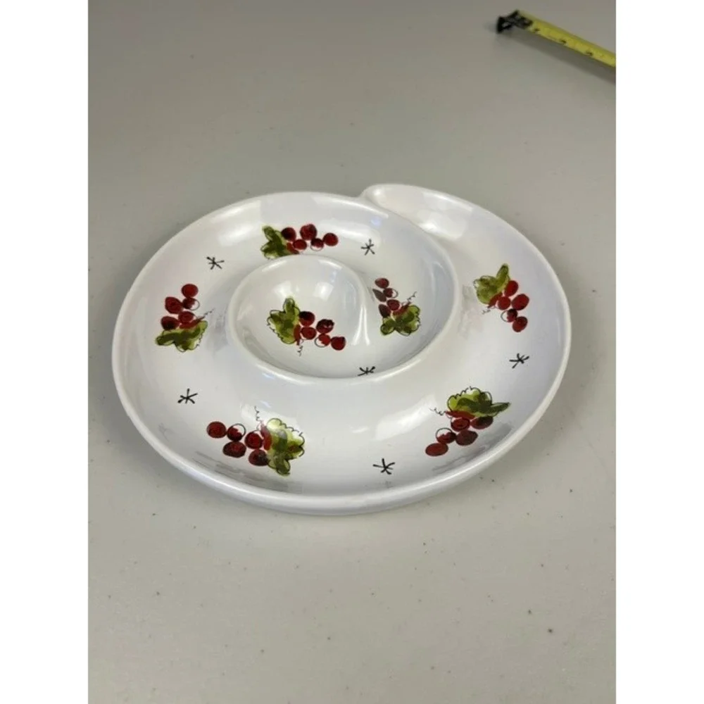 California Pantry Ceramic Spiral Olive Dip Well Platter Grape Hand Painted 7 in